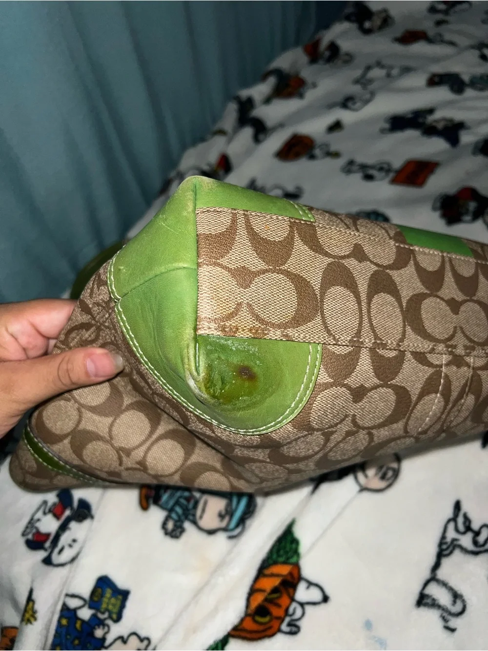 Vintage Coach Beige Signature Canvas Shoulder Bag with Green Trim